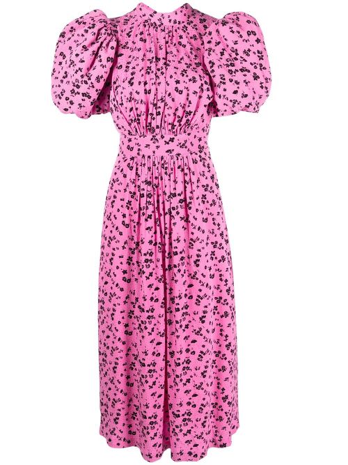 Jacquard puff-sleeve midi dress - Pink