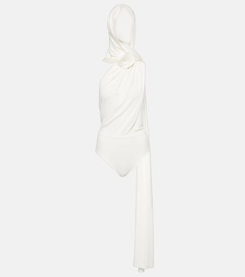 Floral-appliqué hooded bodysuit