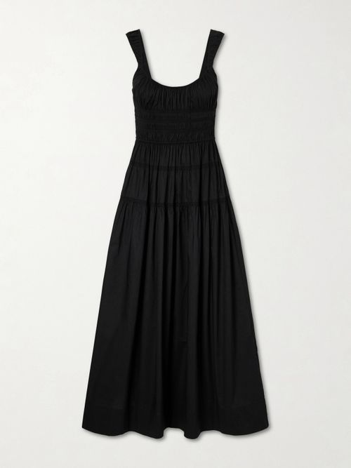 Clover Smocked Organic Cotton-poplin Midi Dress - Black
