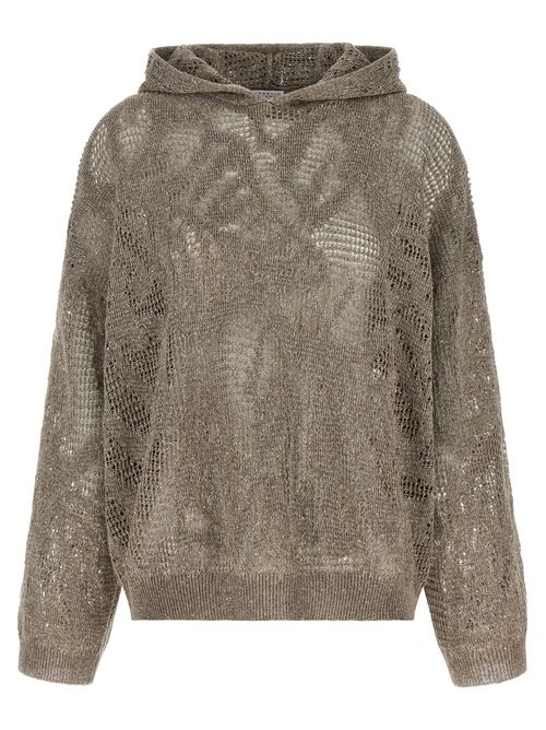 Openwork Linen-Cotton Hooded Sweater — Beige