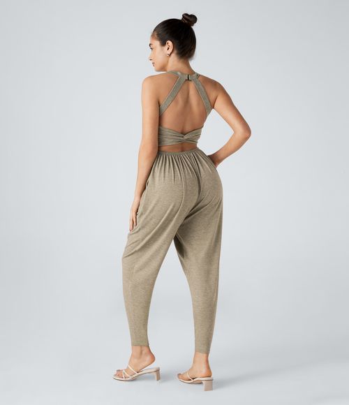 U Neck Pocket Harem Casual Jumpsuit-Easy Peezy Edition  - Khaki Floral Yarn