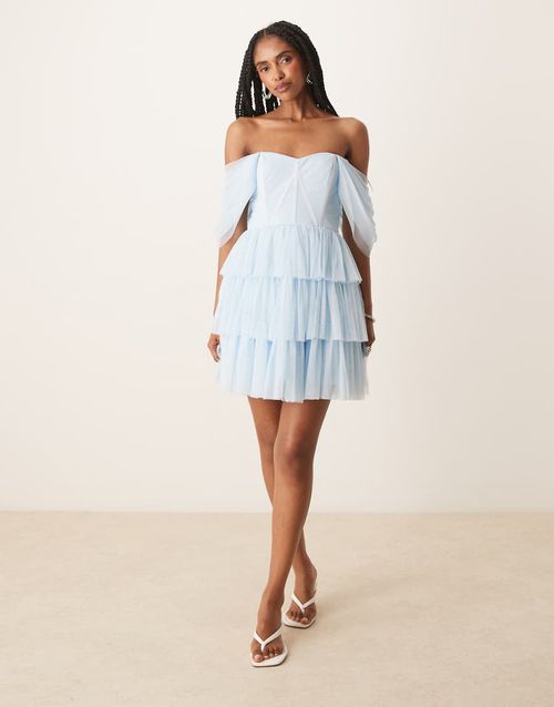 Lace & Beads off shoulder corset tulle mini dress in sky blue