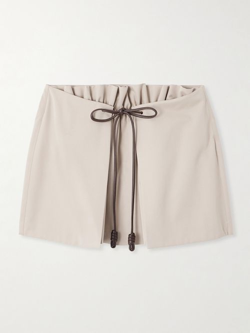 Leather-trimmed Layered Cotton And Silk-blend Mini Skirt - Gray