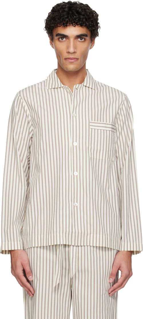 White & Brown Poplin Long-Sleeved Pyjama Shirt