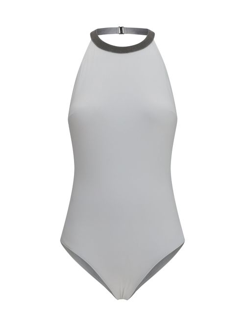 Monili-Embellished Halter Swimsuit — White