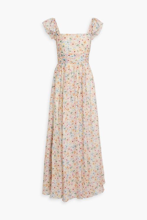 Pintucked floral-print gauze maxi dress - Yellow - US 10