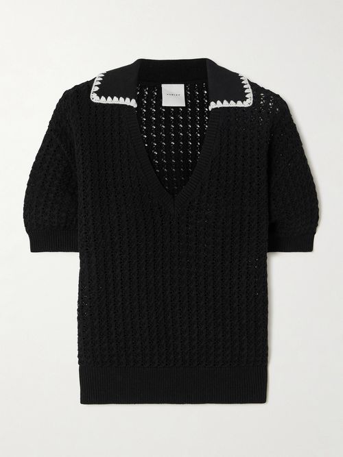 Monte Two-tone Crocheted-cotton Polo Sweater