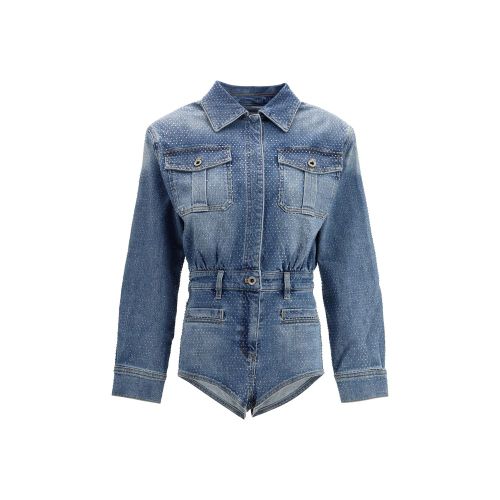Rhinestone Denim Bodysuit — Blue