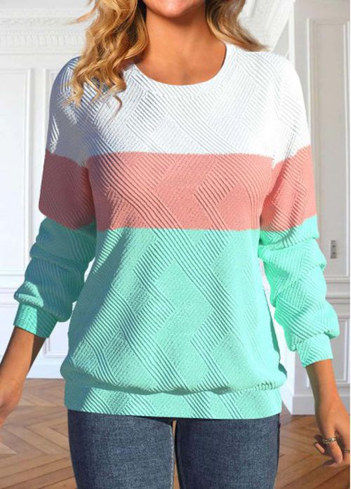 Modlily Light Pink Patchwork Long Sleeve Round Neck Sweatshirt