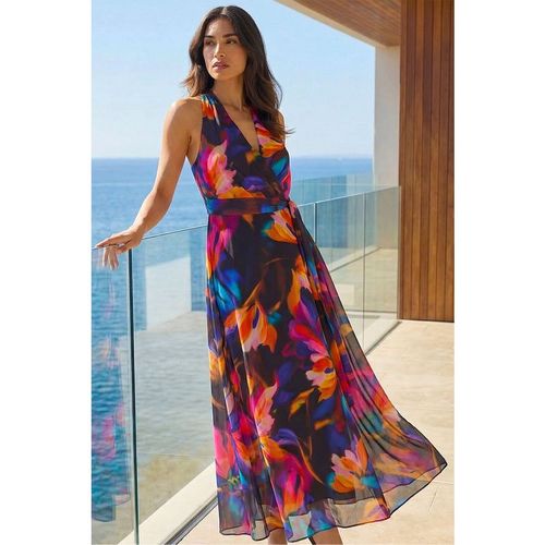 Roman Womens Floral Print Halter Neck Maxi Dress - Black