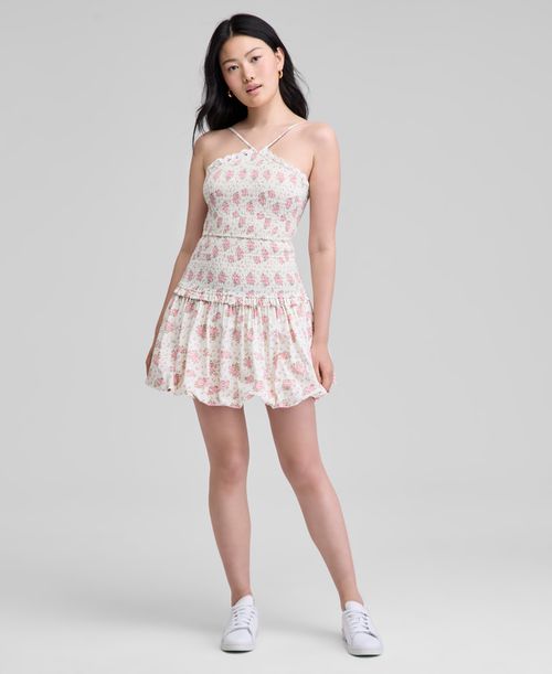 Women's Printed Cotton Halter Smocked Bubble-Hem Dress, Exclusively at Macy's - White/pink Floral