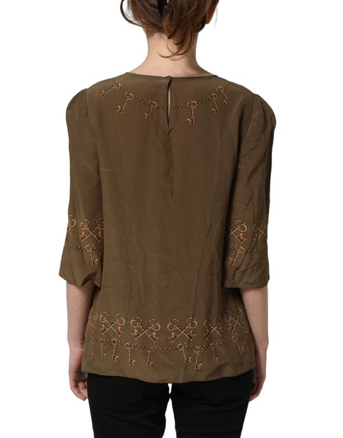 Key and Rose Embroidered Silk Blouse — Brown