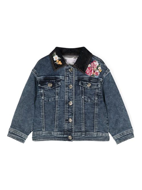Floral-embroidered padded denim jacket - Blue