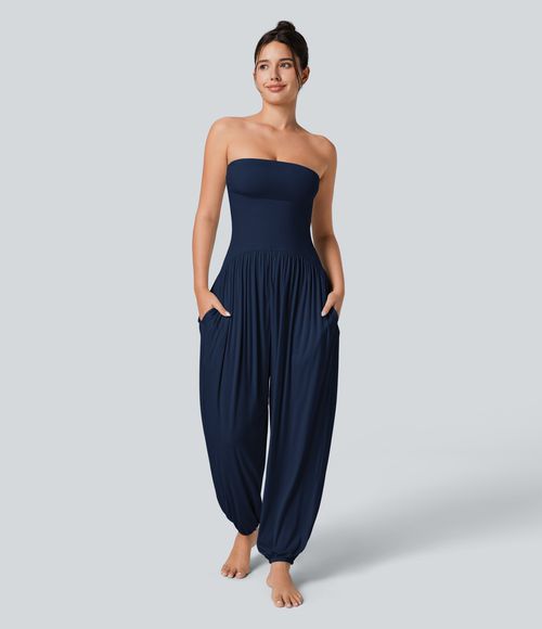 Ribbed Tube Backless Side Pocket Casual Jumpsuit  - Nightfall Blue