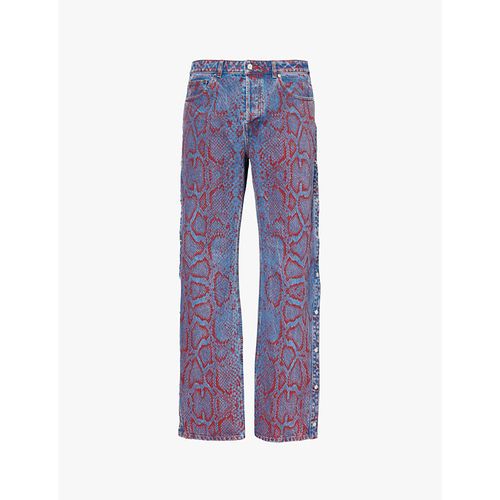 Mens Red/blue Snake-print Straight-leg Regular-fit Denim Jeans L