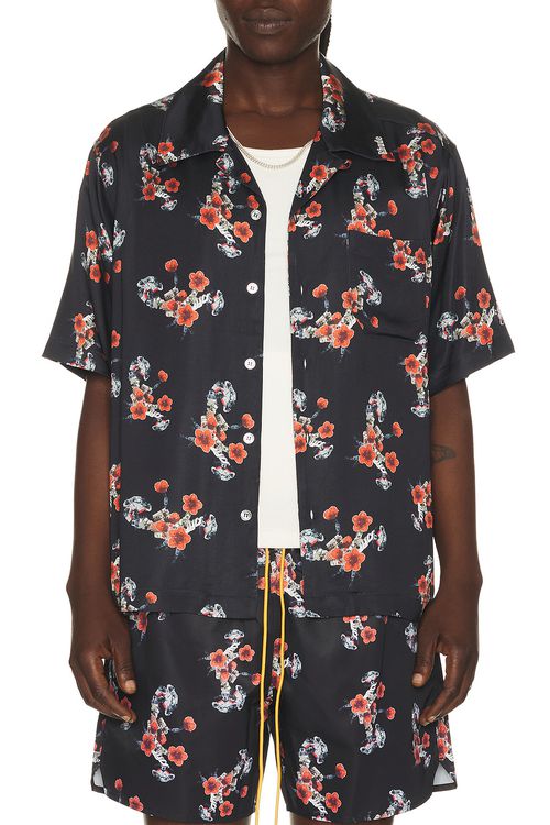 Rhude Turbo Floral Button-Up Shirt in Black Red & Multi - Black. L also in M, XL/1X, XXL/2X