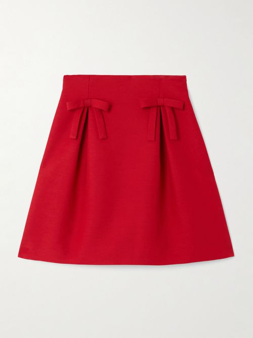 Bow-detailed Pleated Wool And Silk-blend Mini Skirt - Red