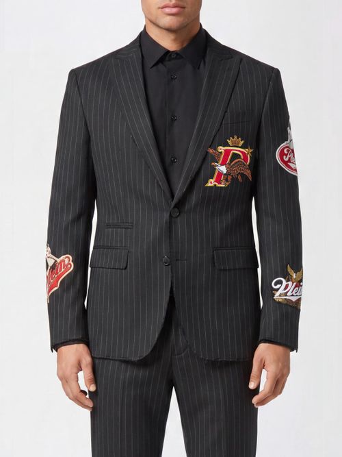 Pinstripe Wool Single-Breasted Blazer with Peak Lapels