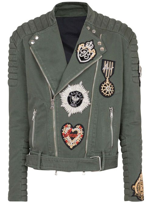 Embroidered-patch biker jacket - Green