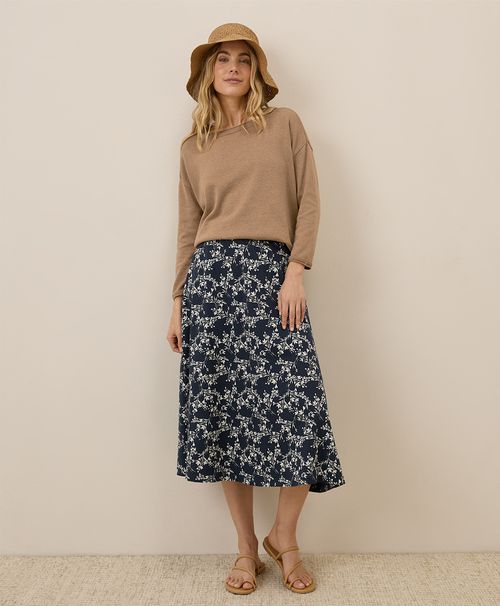 Women's Bouquet Blooms Midnight Blue Fit & Flare Midi Skirt