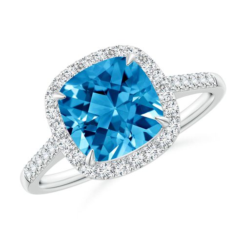 Angara 2.4 Carats Claw-Set Cushion Swiss Blue Topaz and Diamond Halo Ring in Platinum