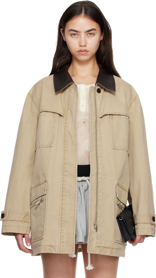 Khaki Leather-Collar Multi-Pockets Distressed Jacket