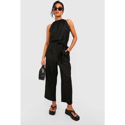 Boohoo Women's Petite Belted Halter Linen Look Culotte Jumpsuit in Black