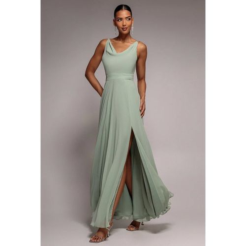 Goddiva Chiffon Cowl Twisted Rope Strap Lace-up Flared Maxi Dress - Sage Green