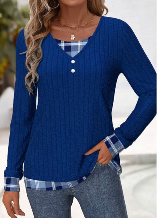 Modlily Blue Button Plaid Long Sleeve Fake Two Piece Twinset