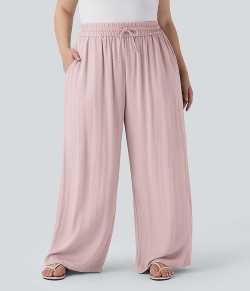 High Waisted Drawstring Linen-Feel Wide Leg Casual Plus Size Pants with Pockets  - Mauveglow