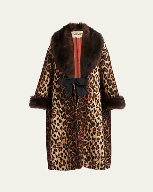 Sheep Shearling-Trim Leopard-Print Wool Oversized Coat