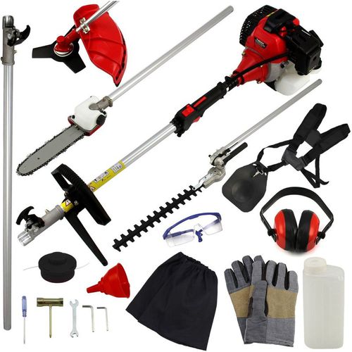 Cordless Garden Multi Tool 5 in 1 Long Reach Hedge Trimmer Strimmer Chainsaw Grass Cutter Brush Cutter Extension Pole Petrol 52cc 1.6KW 3HP 9000RPM 2