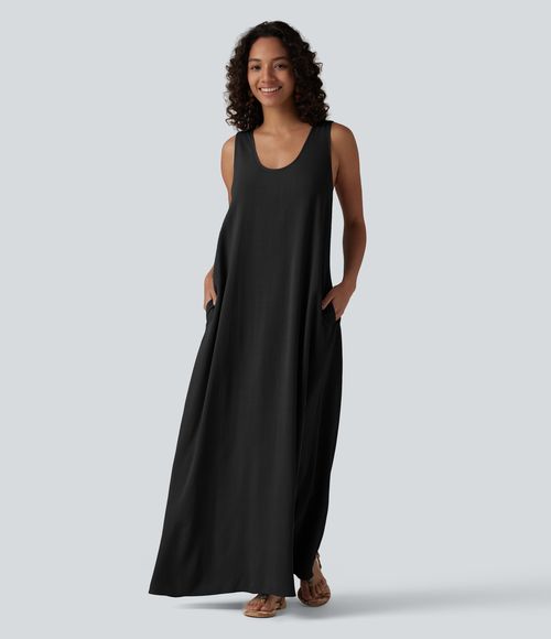 U-Neck Sleeveless Twisted-back Maxi Resort Linen-Blend Flowy Dress with Pockets Casual Dress - Black