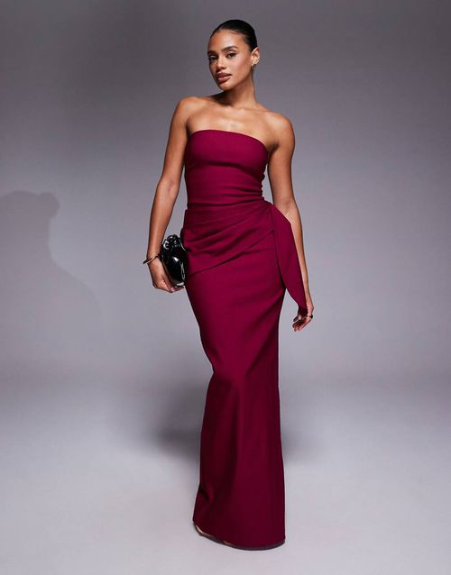 Bengaline bandeau drape front detail maxi dress in berry-pink