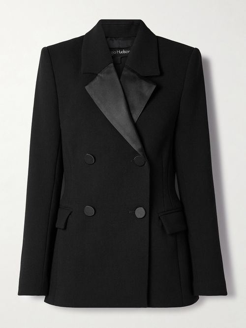 Double-breasted Silk-satin Trimmed Wool-blend Blazer - Black