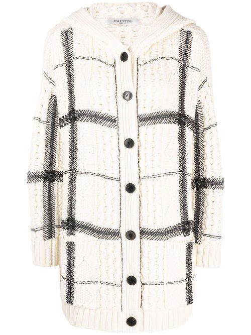 Bead-embellished check-pattern hooded cardigan - White