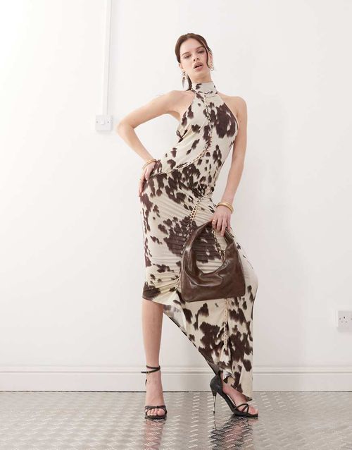 Slinky high neck asymmetric maxi dress in cow print-Multi