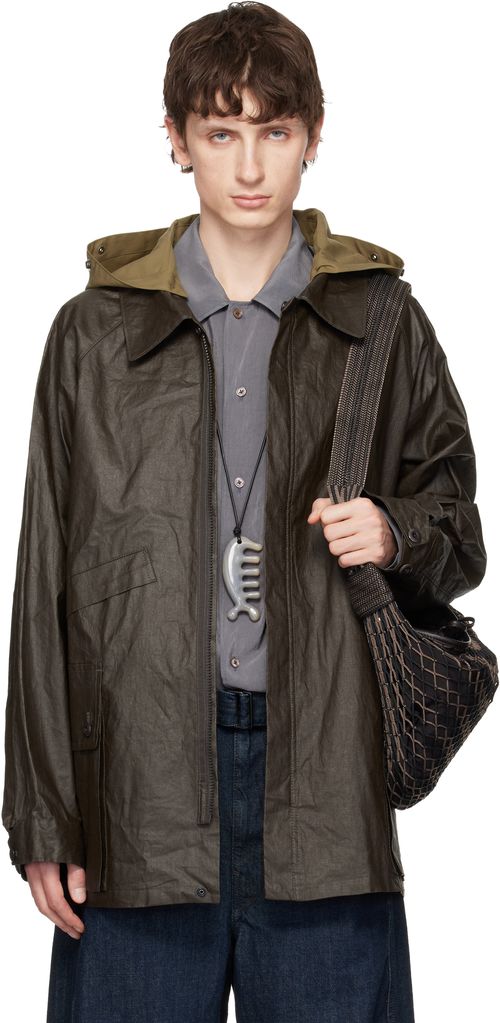 Brown Detachable Hood Coated Technical Linen Rain Jacket