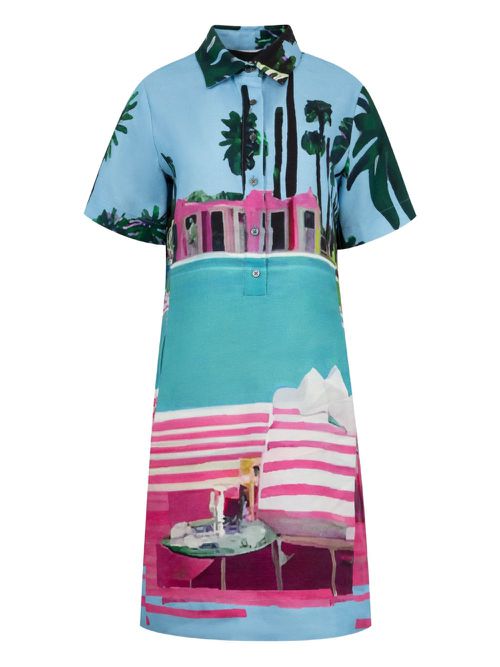 Tropical-print shirt mini dress - Blue