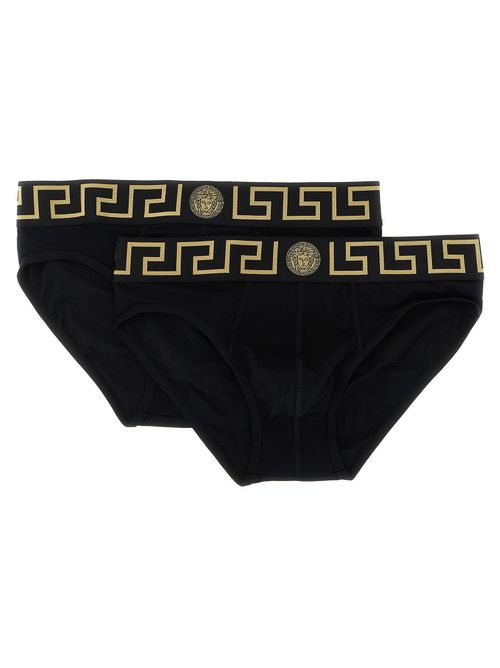 Greca-Trimmed Cotton Briefs — Black