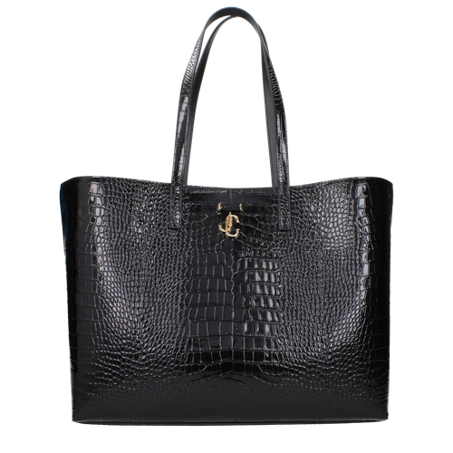 Crocodile-Embossed Leather Shoulder Bag — Black