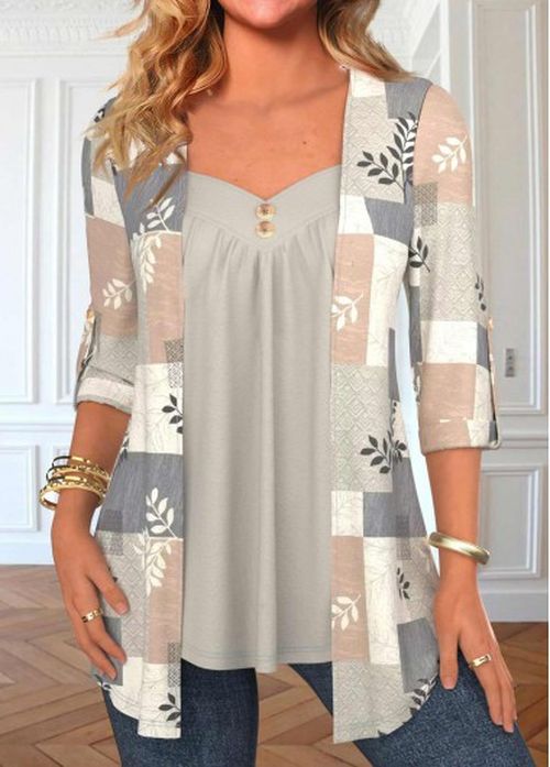 Modlily Light Grey Geometric Print Fake Two Piece Twinset