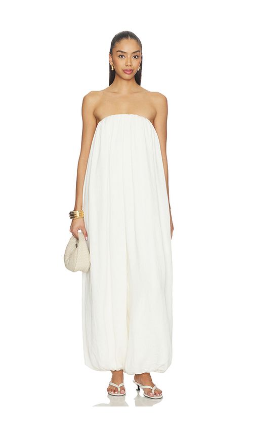 ADRIANA DEGREAS Strapless Bubble Jumpsuit in Ivory. M. Also in