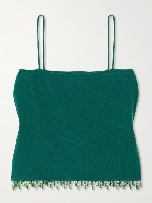 Fringed Bead-embellished Wool And Cashmere-blend Top - Green