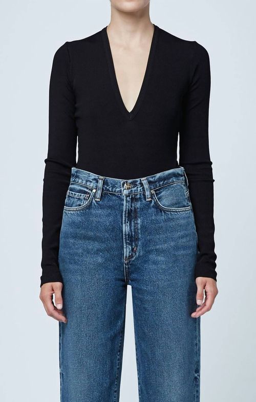 Rib Deep V Front Bodysuit In Black