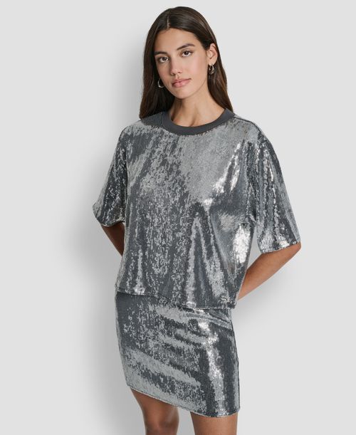 Women's Sequins Crewneck Boxy Short-Sleeve Relaxed T-Shirt - Black/Silver