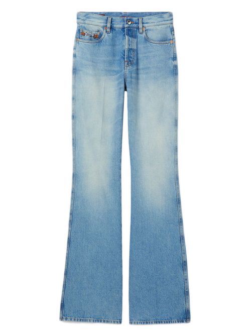 ? Certified Stone-Washed Cotton Denim Flared Jeans with Leather-Trim Hook