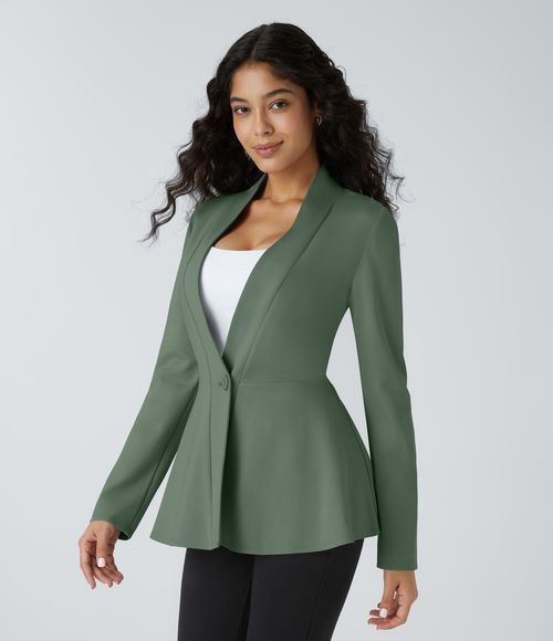 V Neck Single Front Work Peplum Jacket  - Bean Green