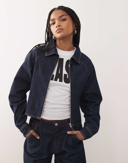 Denim fitted jacket in rinse with pink and orange stitching-Navy