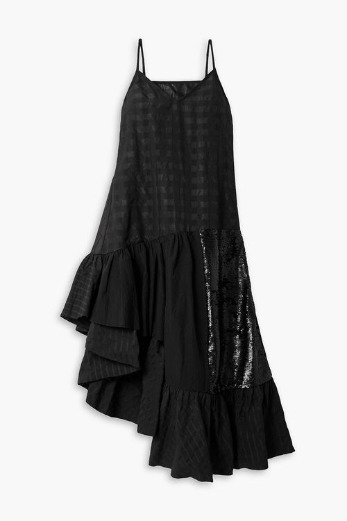 Ruffled sequin-embellished jacquard-paneled moire dress